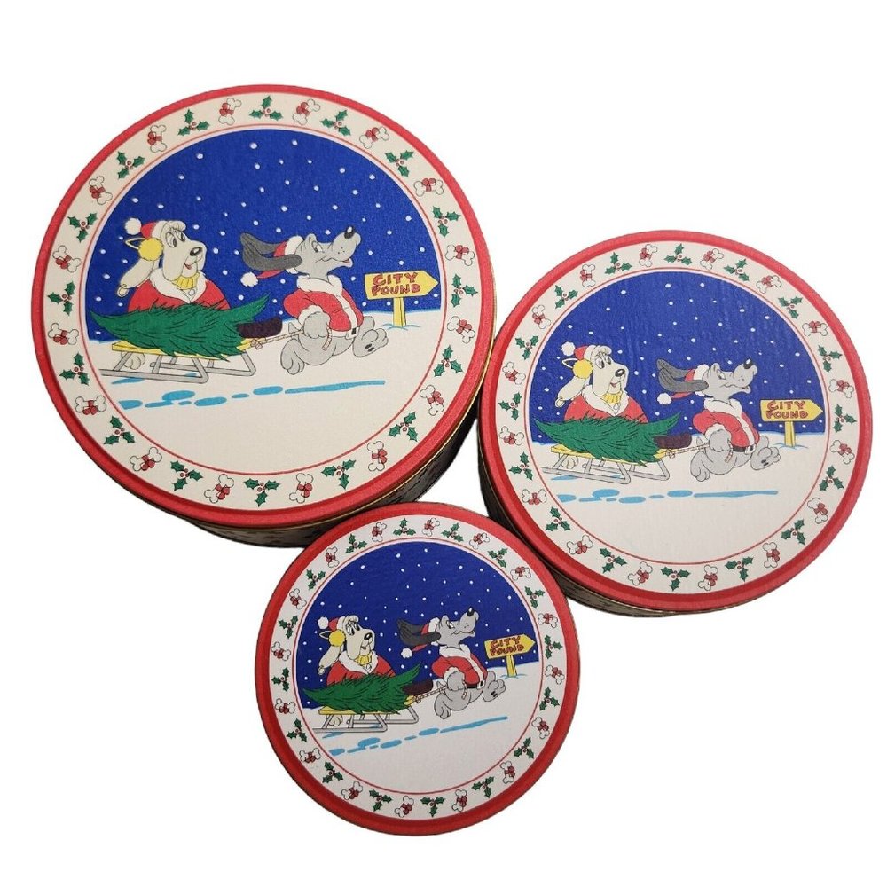 Vintage 1987 Cookie Christmas Storage Tins Pound Puppies Nesting Set Of 3